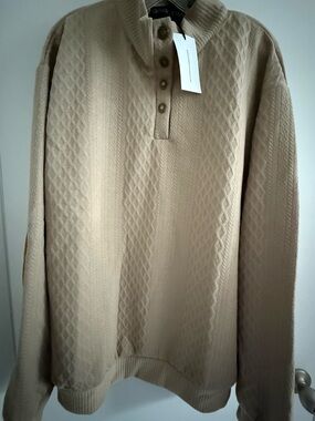 Cross & Crown Textured Knit Henley Sweater in Beige